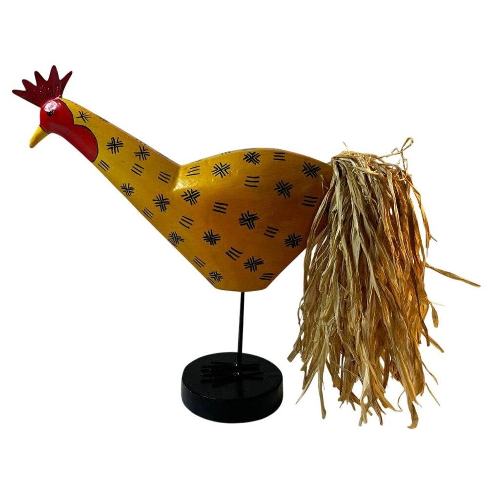 Handcrafted Wooden Yellow Decorative Rooster With Raffia Tail & Black Base Stand